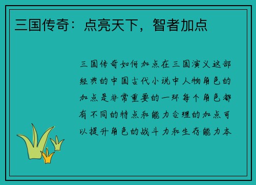 三国传奇：点亮天下，智者加点